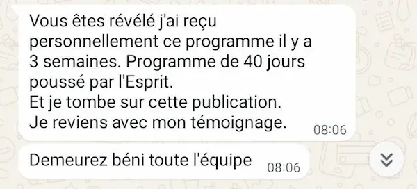 Capture WhatsApp — témoignage de Paturelle, Gabon (1/2)
