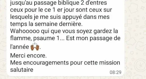 Capture WhatsApp — témoignage de Paturelle, Gabon (2/2)
