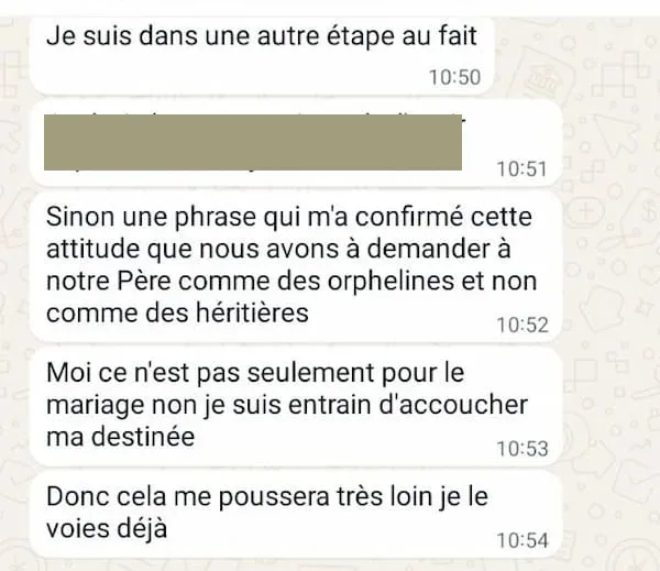 Capture WhatsApp — témoignage de Bernice, Côte d'Ivoire (2/2)