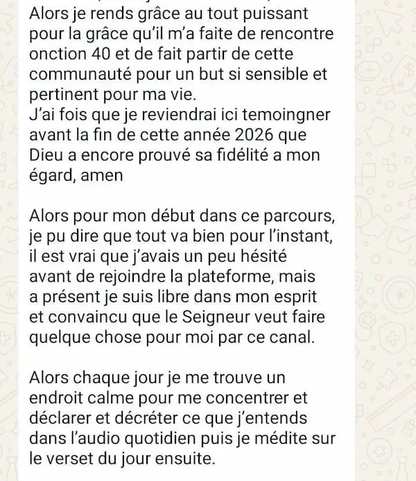 Capture WhatsApp — témoignage d'Immaculé, Bénin